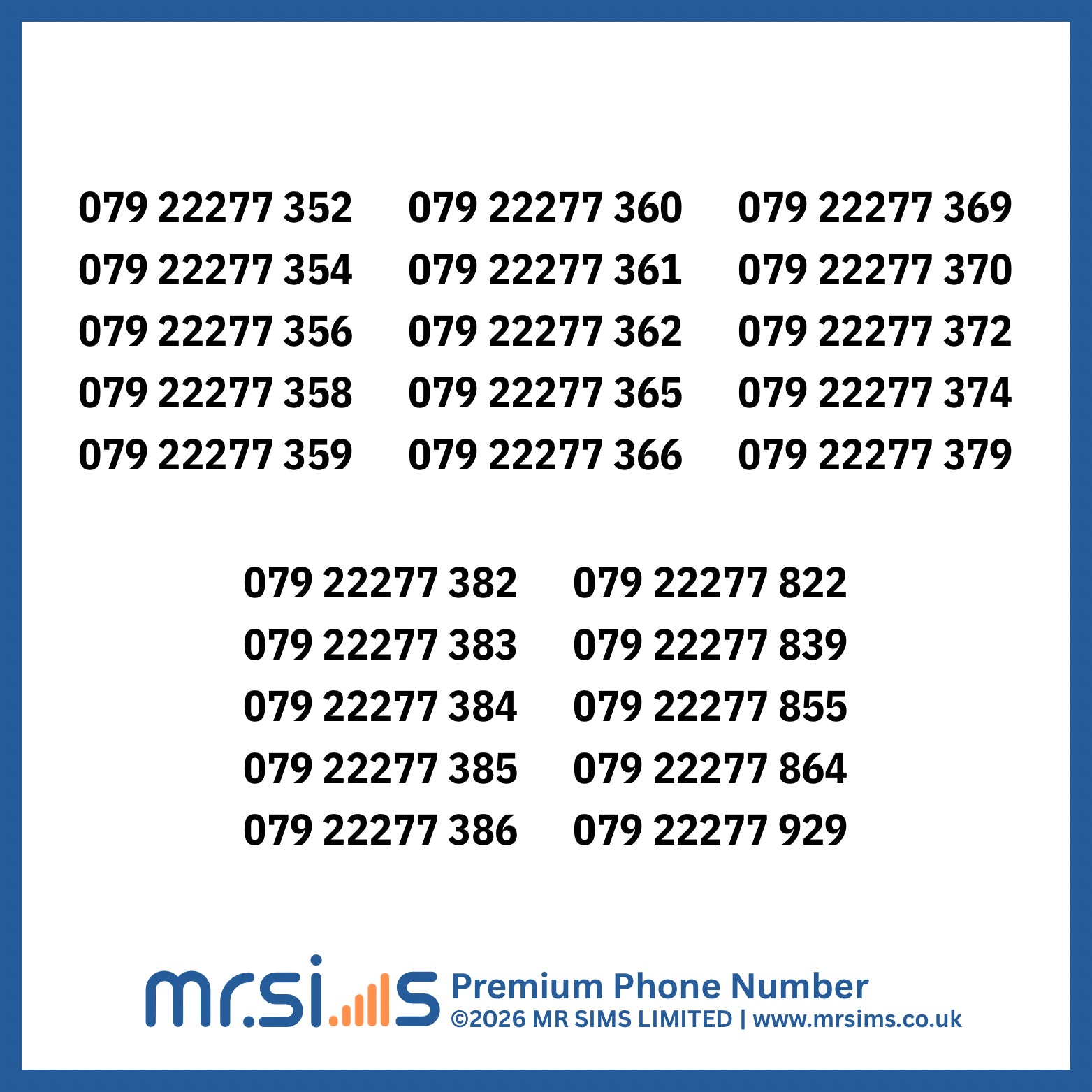 List of phone numbers of o2 network with MR Sims Limited branding on a blue background